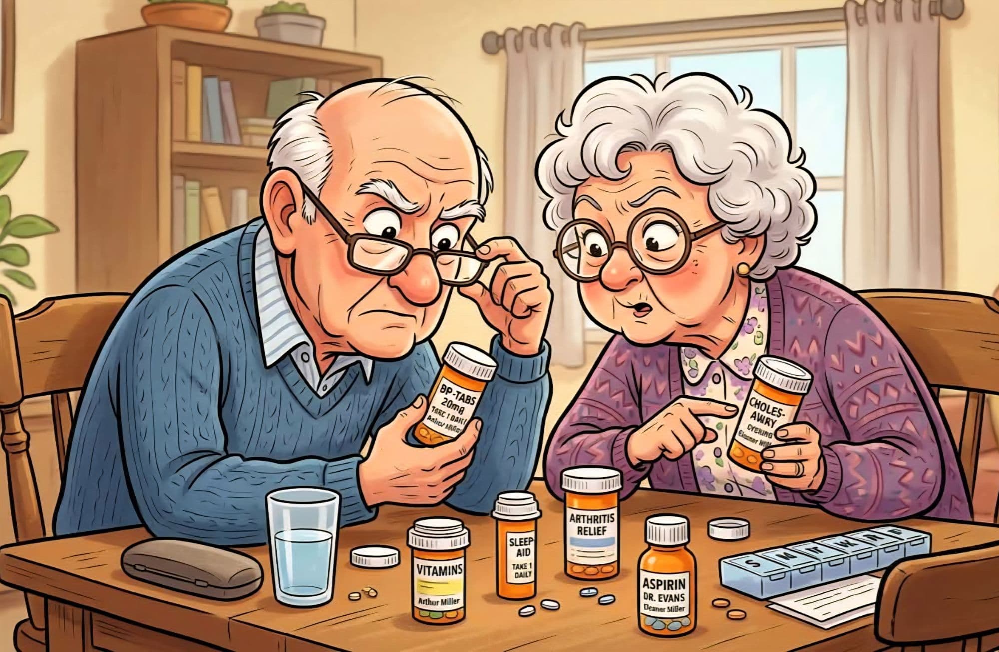 An older couple puzzling over their many medication bottles at the kitchen table