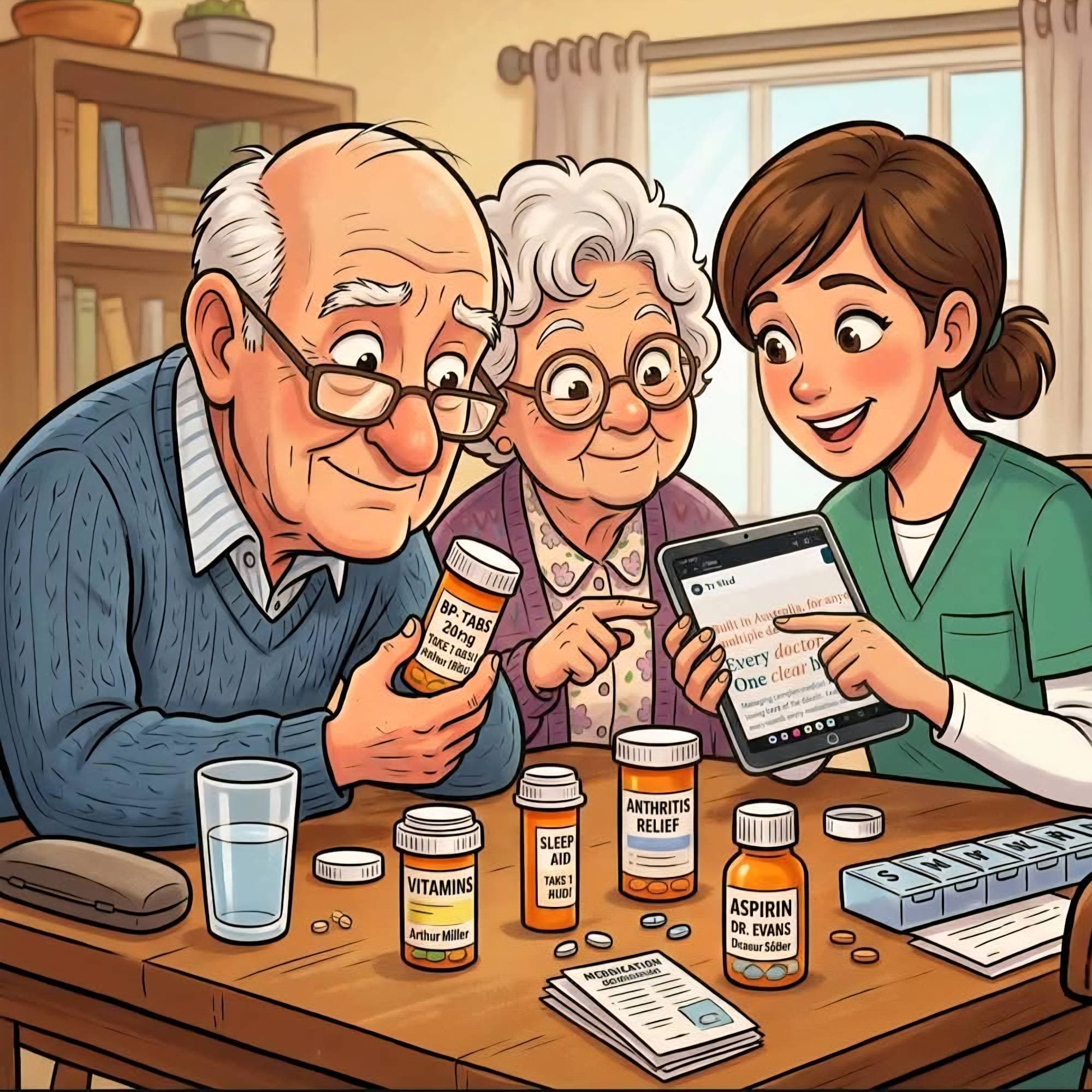 A carer showing an older couple their medication details on a tablet, with their pill bottles on the table